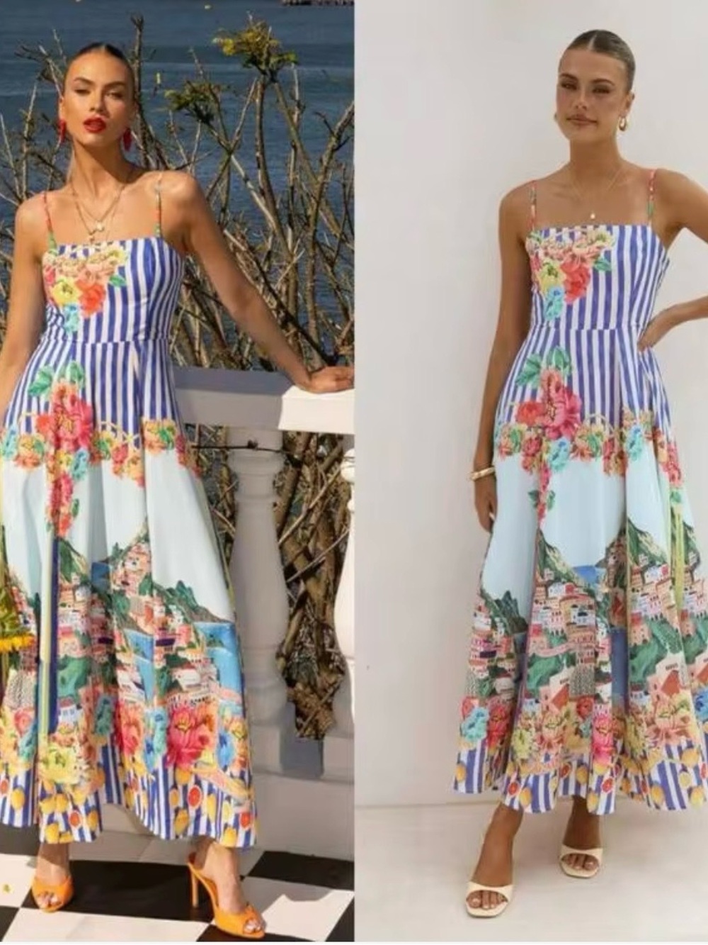 Floral Stripe Midi Sundress with Scenic Print